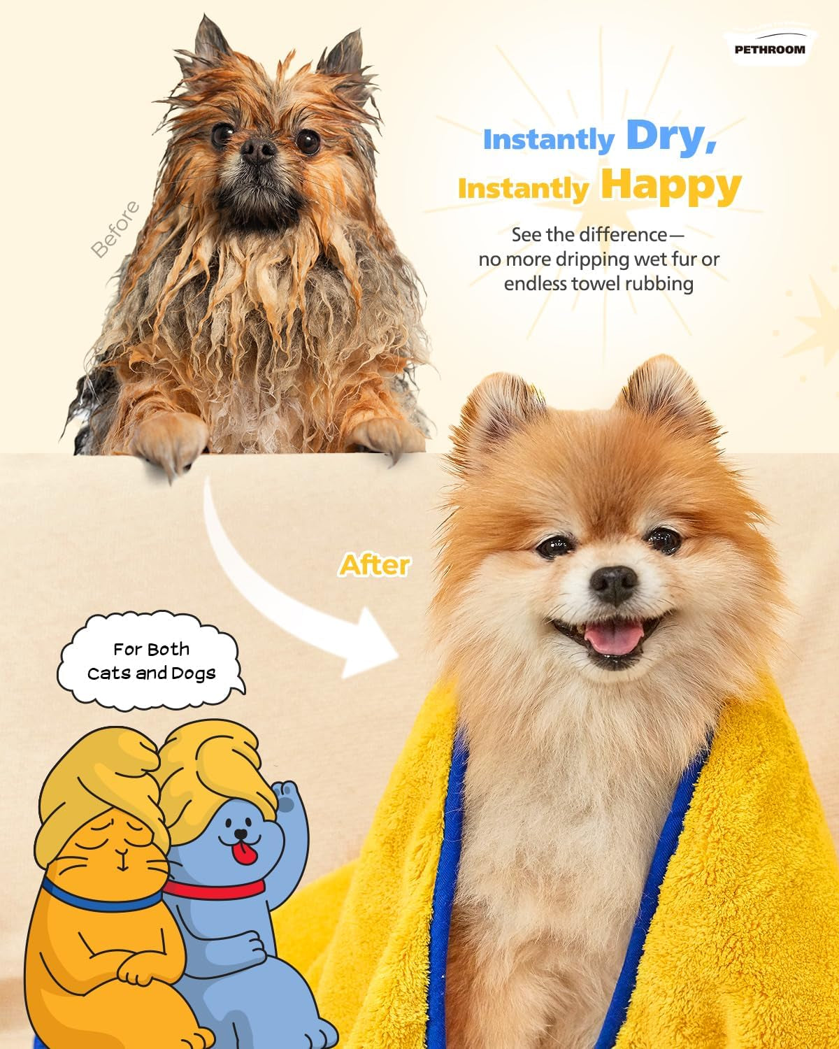 Ultra Absorbent Pet Towel | Quick-Drying, Soft Microfiber Dog & Cat Bath Towel | Lightweight, Durable, Fast Water-Soaking | Ideal for All Breeds (Large) 23.6" X 47.2"
