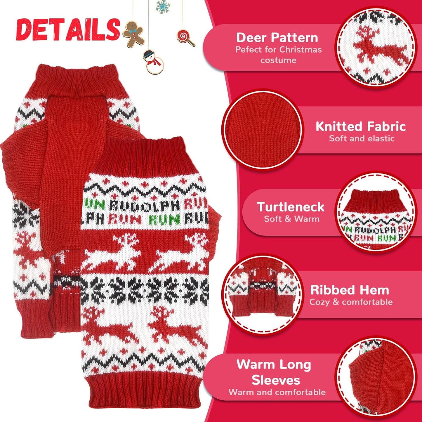 Dog Christmas Sweater Xmas Pet Clothes Cute Reindeer Christmas Dog Costume Outfits Holiday Knitwear Puppy Cat Jumpers New Year Gifts for Small Medium Large Dogs(Red Runing Deer,Xs)
