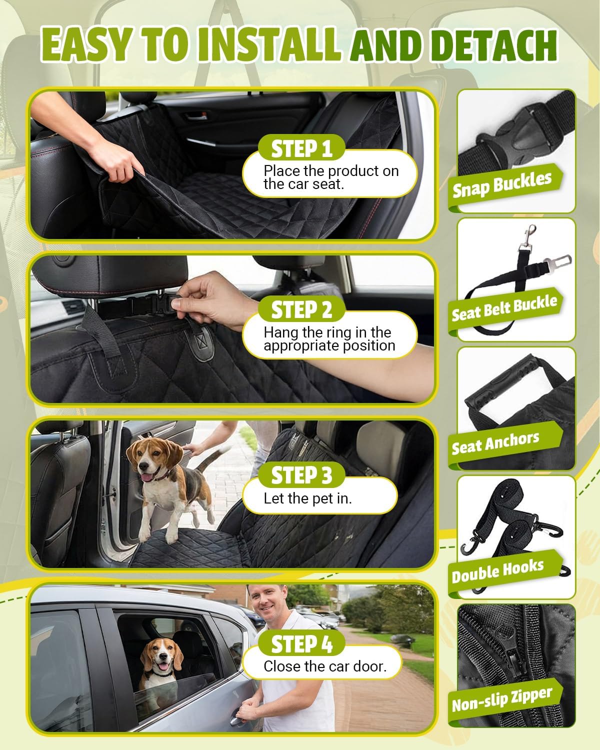 Dog Car Seat Cover, 600D Heavy Duty, Waterproof, Anti-Scratch, Nonslip, Hammock with Seatbelt