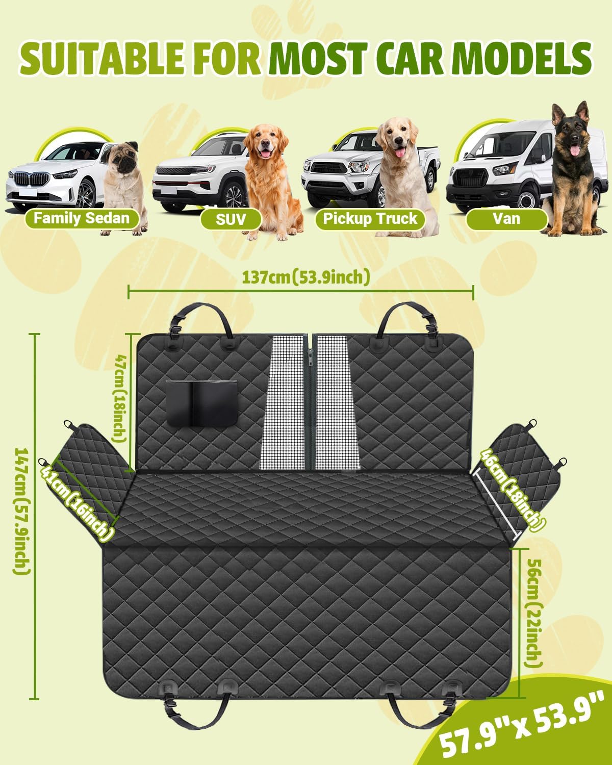 Dog Car Seat Cover, 600D Heavy Duty, Waterproof, Anti-Scratch, Nonslip, Hammock with Seatbelt