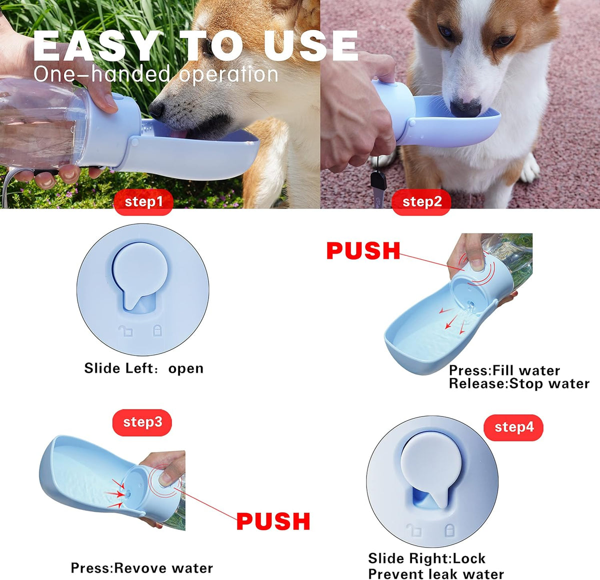 Foldable Dog Water Bottle, Portable Water Dispenser, Dishwasher Safe Pet Accessories for Walking, Hiking, Travel