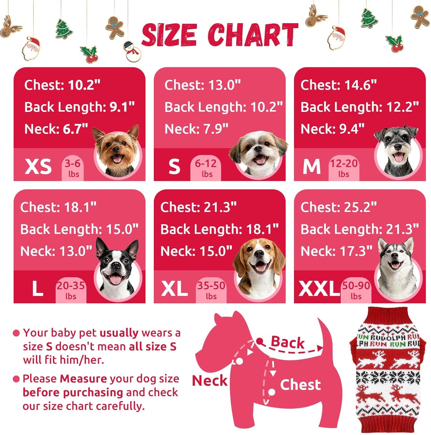 Dog Christmas Sweater Xmas Pet Clothes Cute Reindeer Christmas Dog Costume Outfits Holiday Knitwear Puppy Cat Jumpers New Year Gifts for Small Medium Large Dogs(Red Runing Deer,Xs)