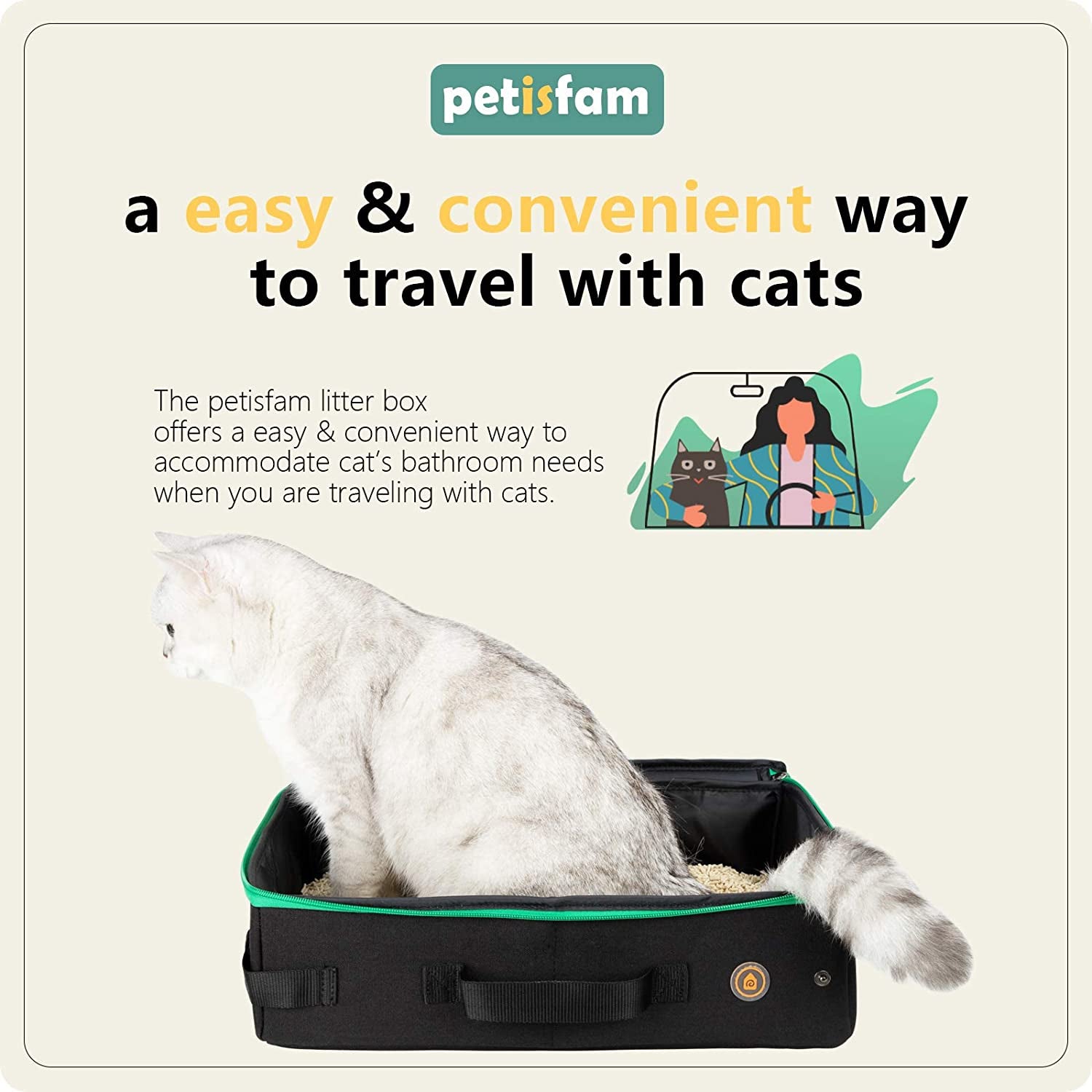 Portable Cat Travel Mobile Litter Box for Medium Cats and Kitties. Leak-Proof, Sturdy, Lightweight, Easy to Clean
