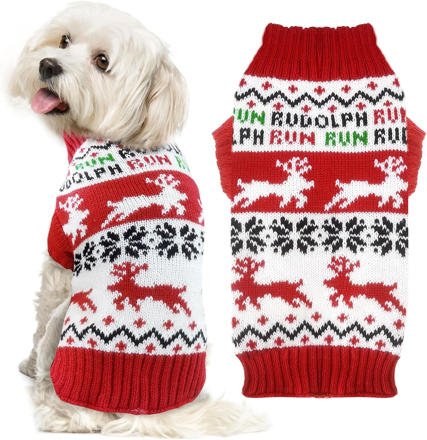 Dog Christmas Sweater Xmas Pet Clothes Cute Reindeer Christmas Dog Costume Outfits Holiday Knitwear Puppy Cat Jumpers New Year Gifts for Small Medium Large Dogs(Red Runing Deer,Xs)